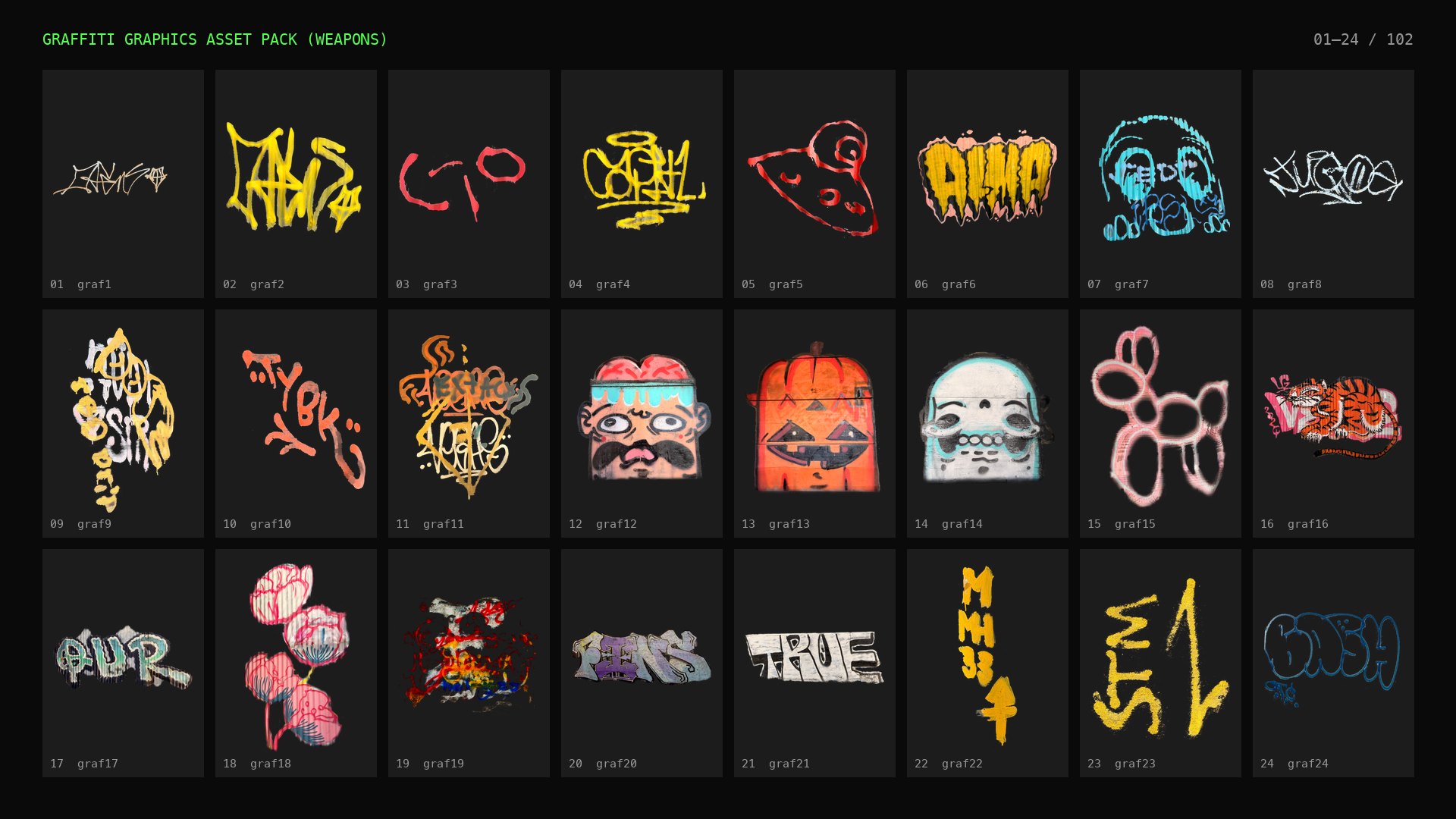 Graffiti Graphics Asset Pack (from "Weapons"): contact sheet 1 of 5